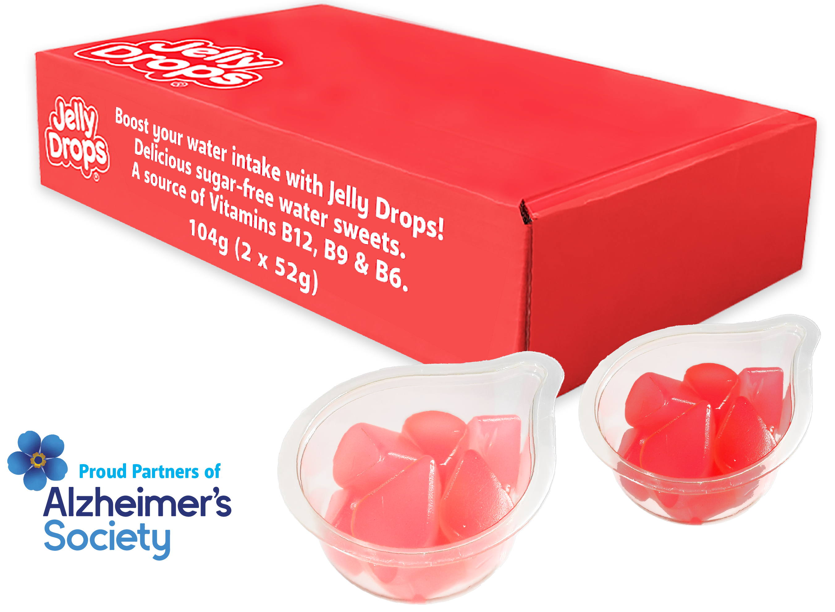 Red box of Jelly Drops with two containers of Jelly Drops on a white background, featuring Alzheimer's Society logo.